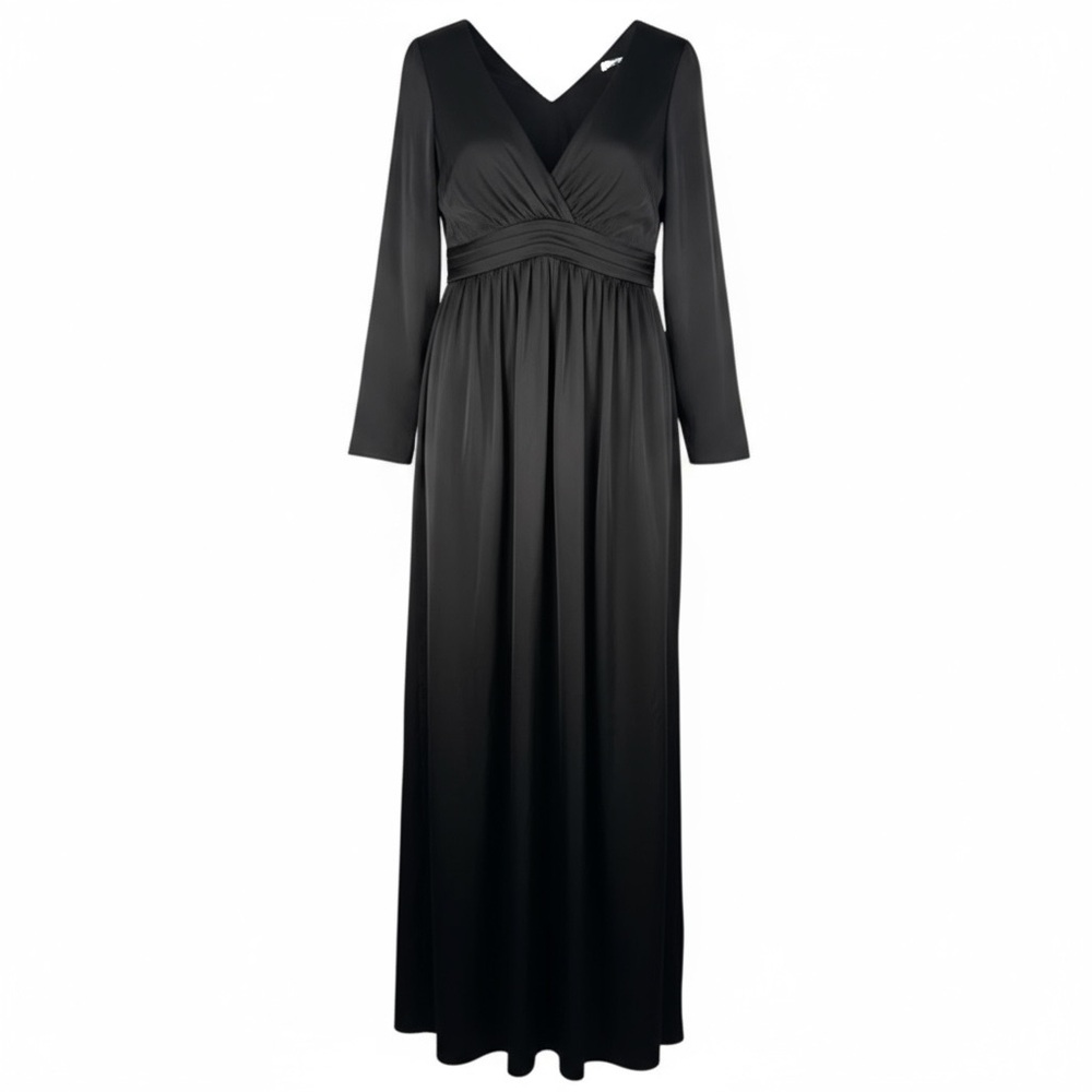 Azazie Black Teton Long Sleeve V Neck Maxi Dress Formal Gown maternity sz 10